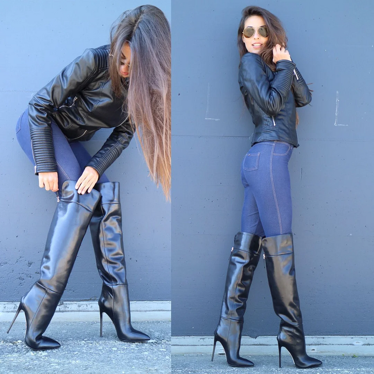 Black Pointy Toe Stiletto Heel Knee High Boots