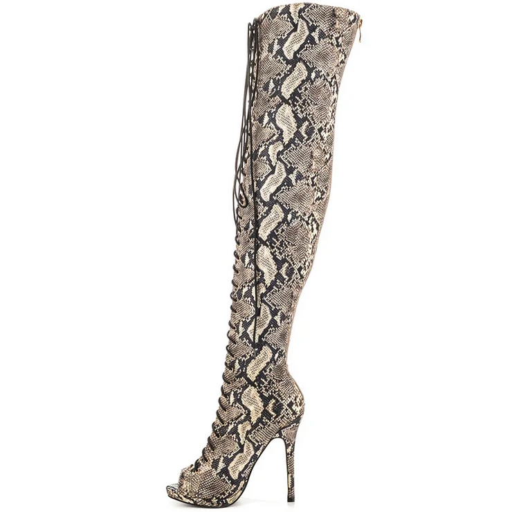 Snakeskin Lace-up Peep Toe Thigh High Stiletto Heel Boots