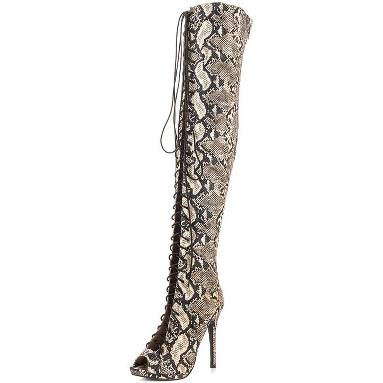 Snakeskin Lace-up Peep Toe Thigh High Stiletto Heel Boots