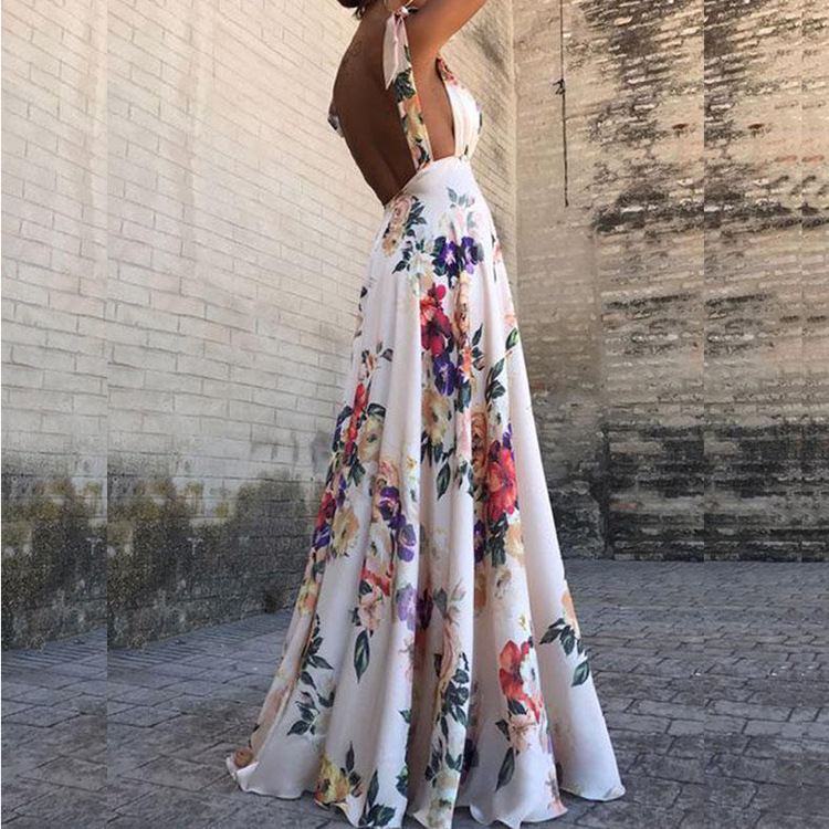 White V Neck Open Back Chiffon Boho Floral Maxi Dress