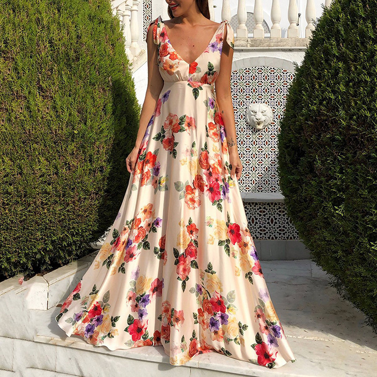 White V Neck Open Back Chiffon Boho Floral Maxi Dress