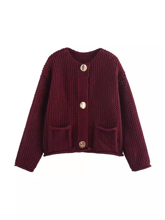 Button Round Neck Sweater Cardigan