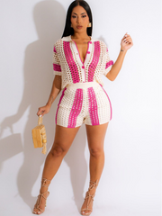 Color Block Crochet Open Knit Button Up Top And Shorts Set