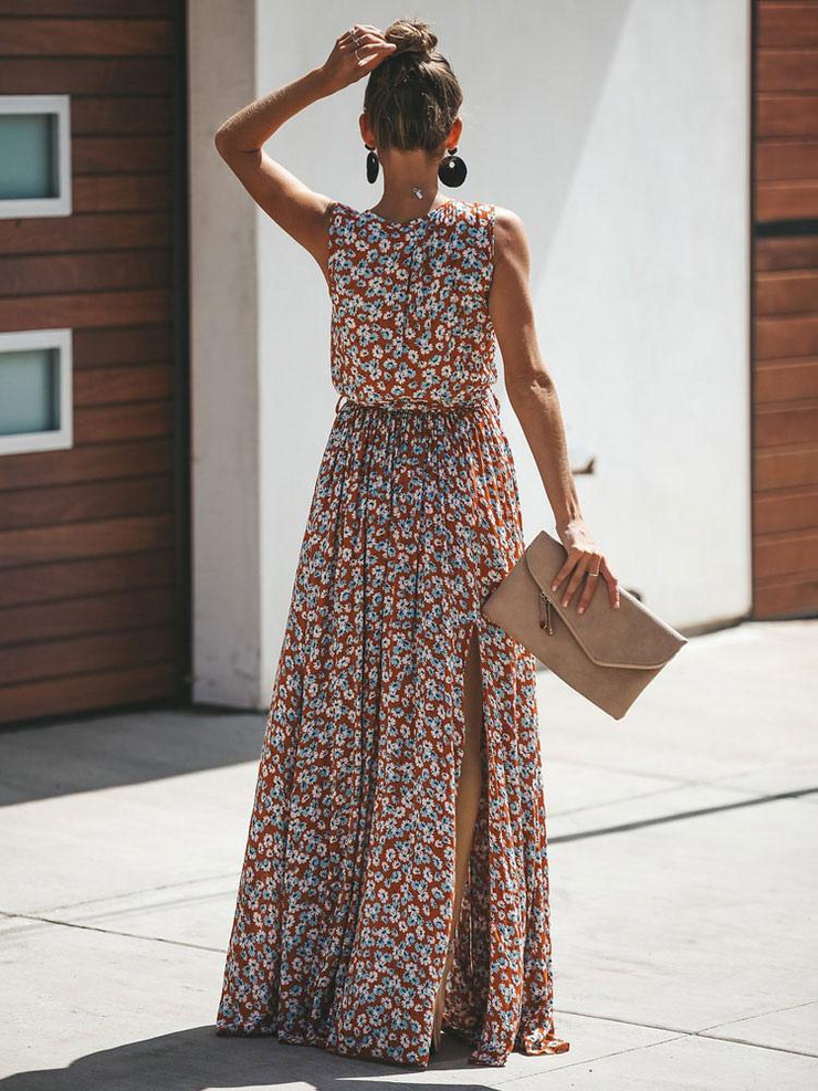 V-Neck Sleeveless Split Floral Maxi Dress