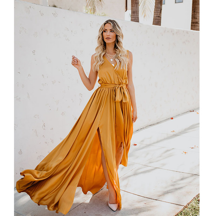 V-Neck Sleeveless Knotted Slit Prom Wrap Maxi Dress