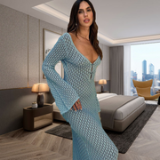 V-neck Crochet Open Knit Long Sleeve Maxi Dress