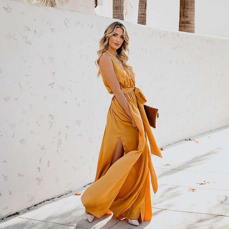 V-Neck Sleeveless Knotted Slit Prom Wrap Maxi Dress