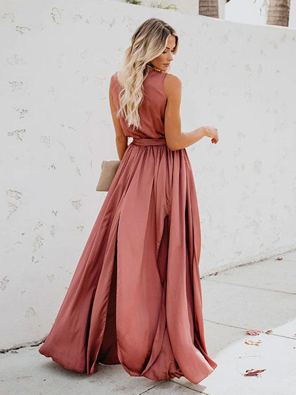 V-Neck Sleeveless Knotted Slit Prom Wrap Maxi Dress