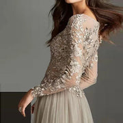 Dark Gray Lace Embroidered Long Sleeved Prom Dress