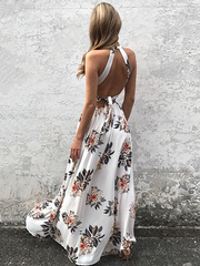 White Halter Sleeveless Backless Floral Printed Slit Maxi Dress