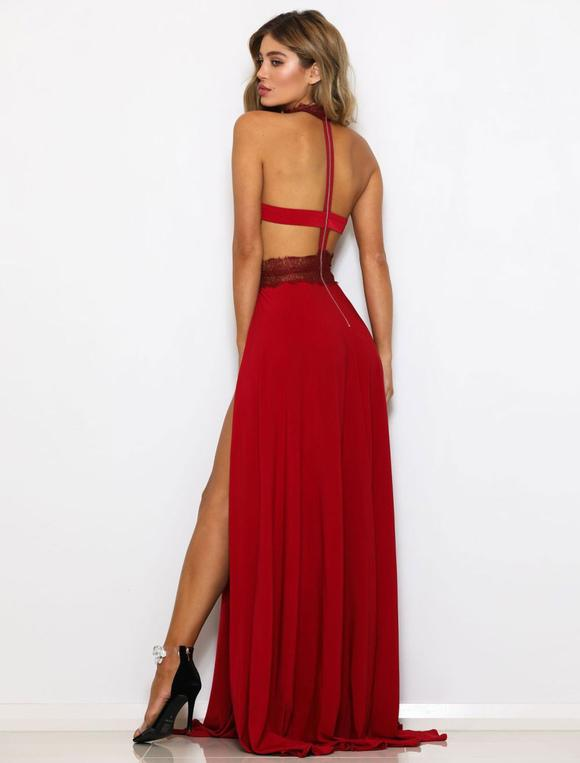 Lace Crewneck Sleeveless High-Slit Party Maxi Prom Dress