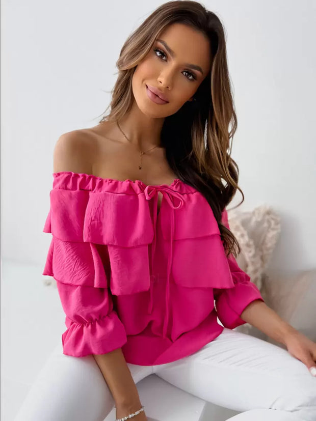 Women Ruffles Bateau Neck Long Sleeves T Shirt