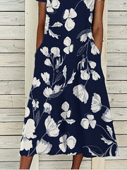 Navy Floral Printed Short Sleeves Casual Dress