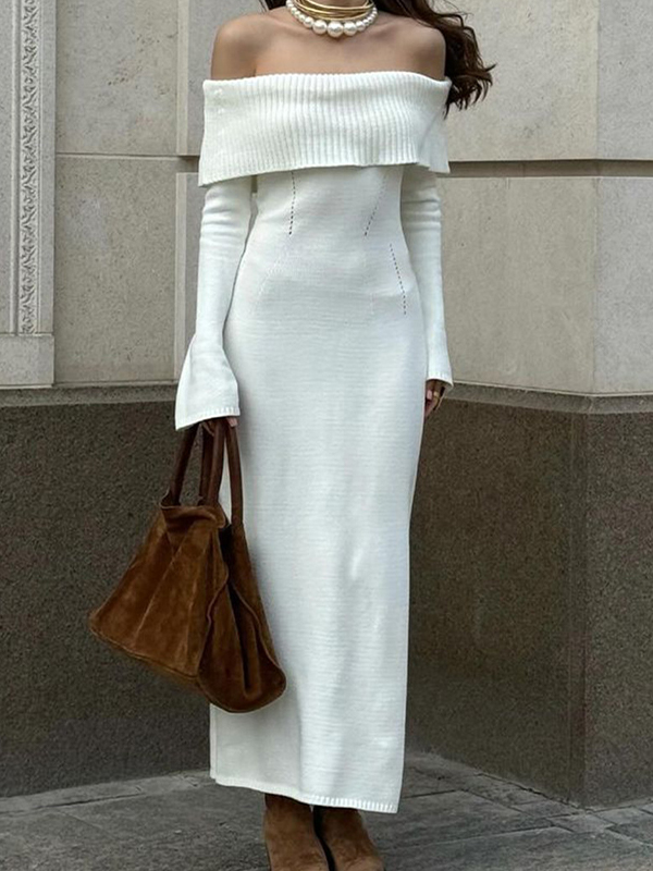 Off Shoulder Long Sleeves Knitted Dress