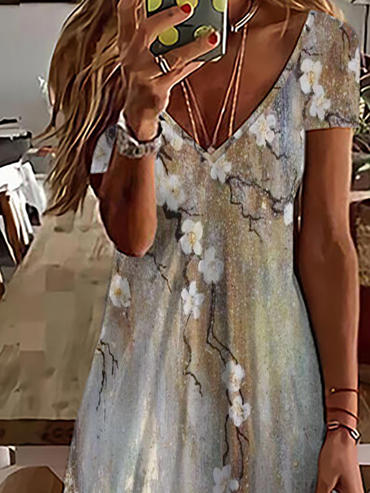 Floral Printed Deep V Neck Short Sleeves Dress