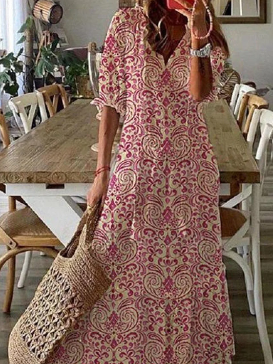 Pink Printed Long Sleeves Casual Dress