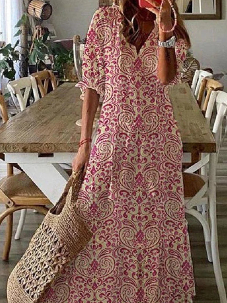 Pink Boho V Neck Tribal Floral Short Sleeve Woven Dress