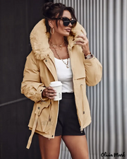 Faux Fur Hooded Lantern Sleeves Coat