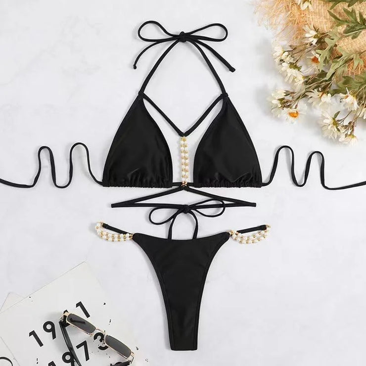 Black Strappy Thong Bikini Swimsuit