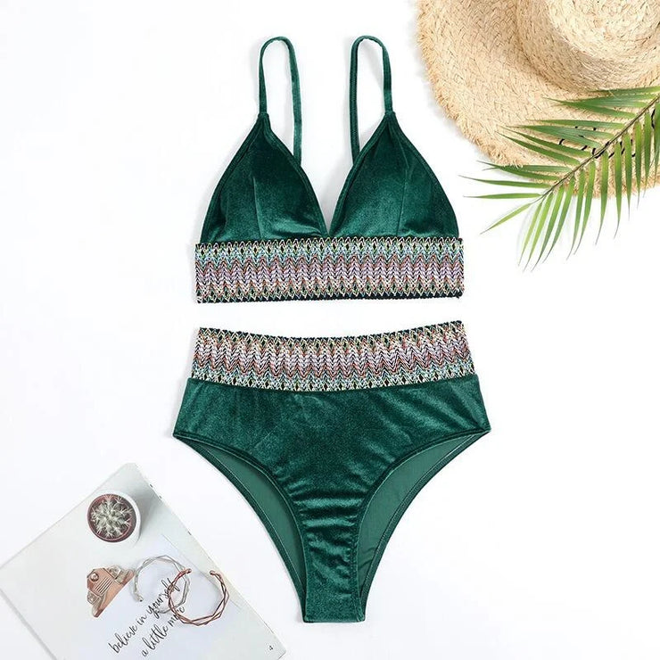 Green Velvet Backless Summer Sexy Swimwear