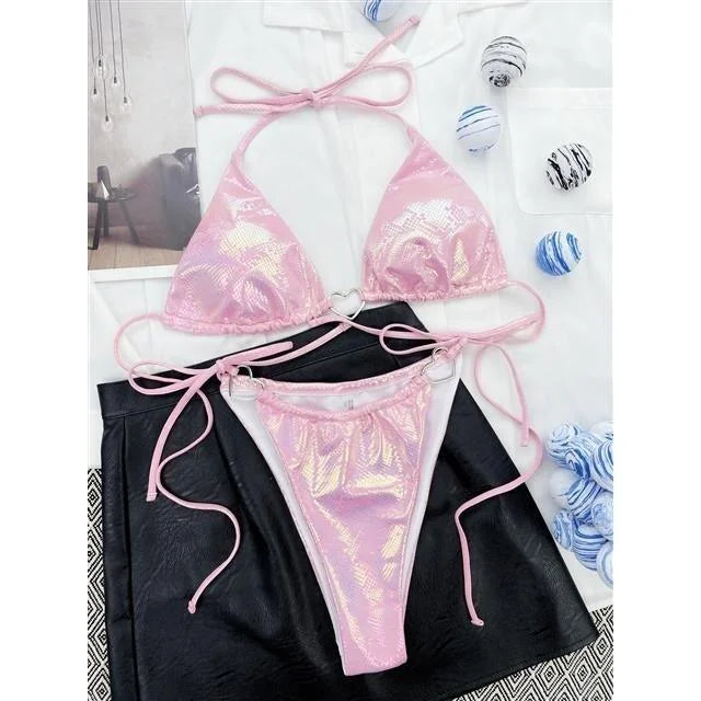 Pink Love Ring Lace Up Summer Beach Swimwear