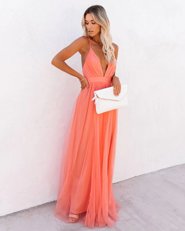 Deep V Neck Backless Sleeves Long Dress