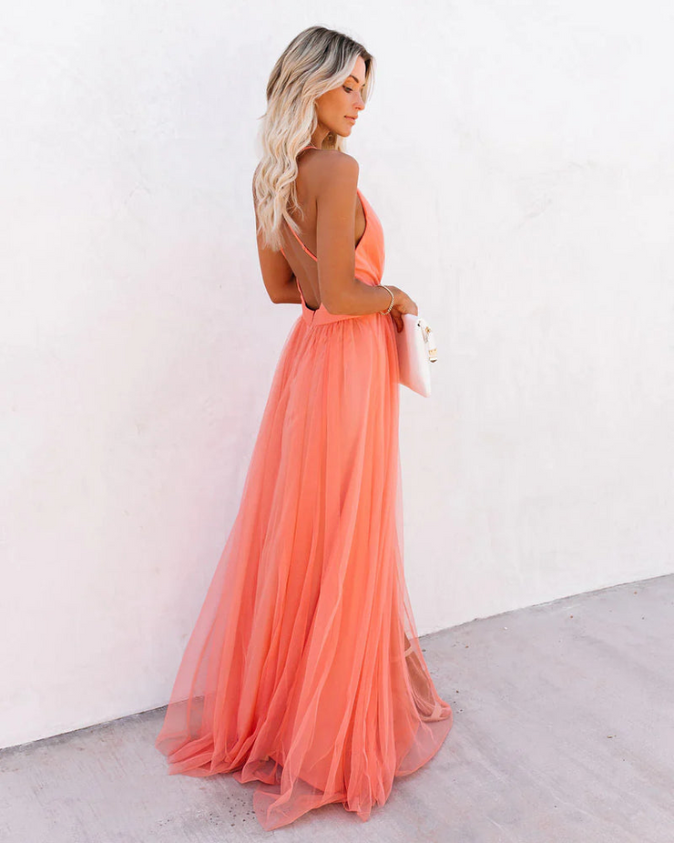 Deep V Neck Backless Sleeves Long Dress