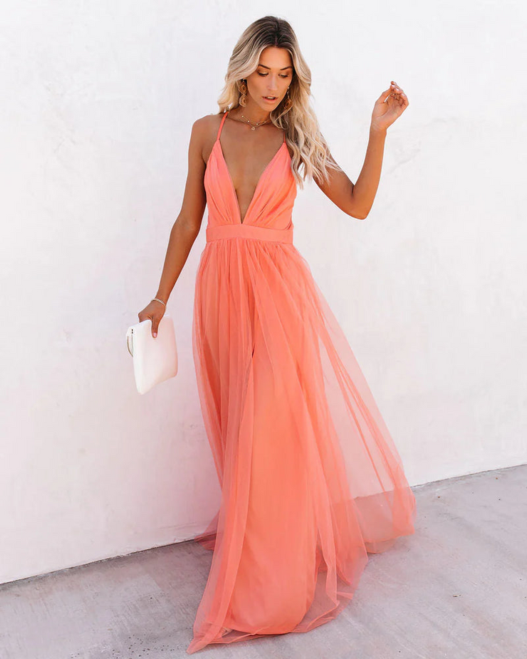 Deep V Neck Backless Sleeves Long Dress