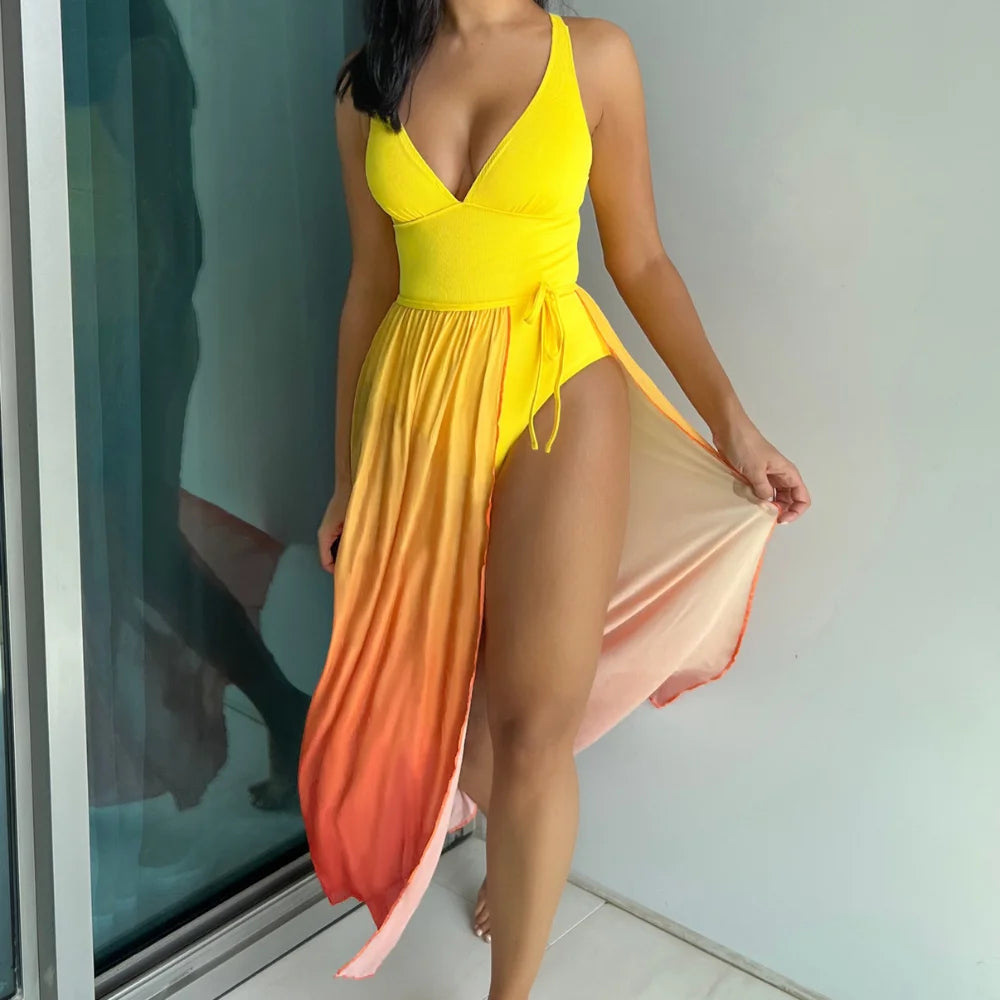 Yellow Ombre Split Thigh One Piece Swimsuit With Beach Skirt